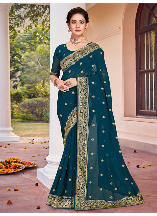 Contemporary Georgette Teal Embroidered Saree