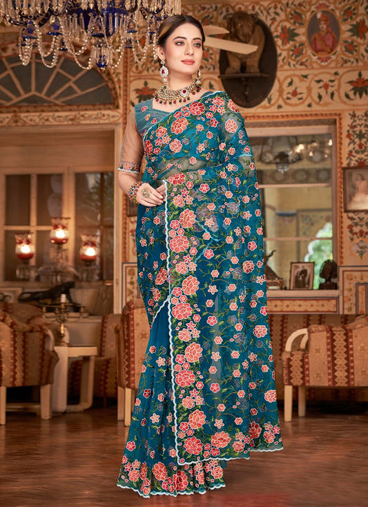 Trendy Saree Net Teal Embroidered Saree