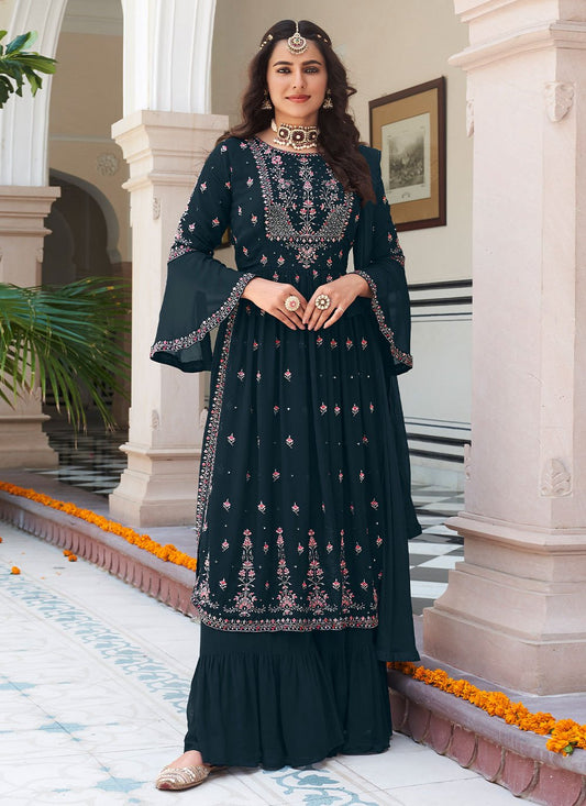 Salwar Suit Faux Georgette Teal Embroidered Salwar Kameez