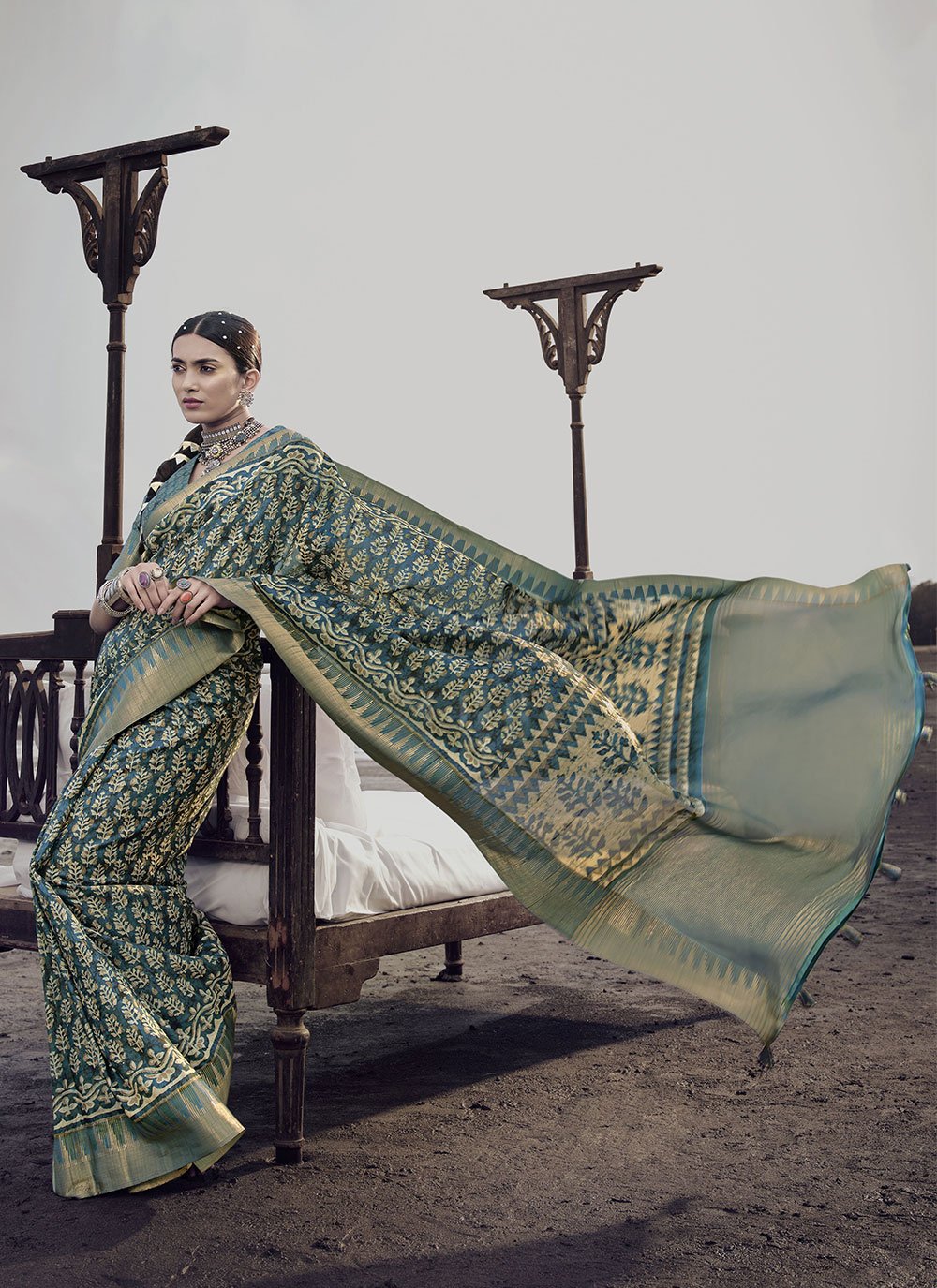 Classic Silk Teal Digital Print Saree