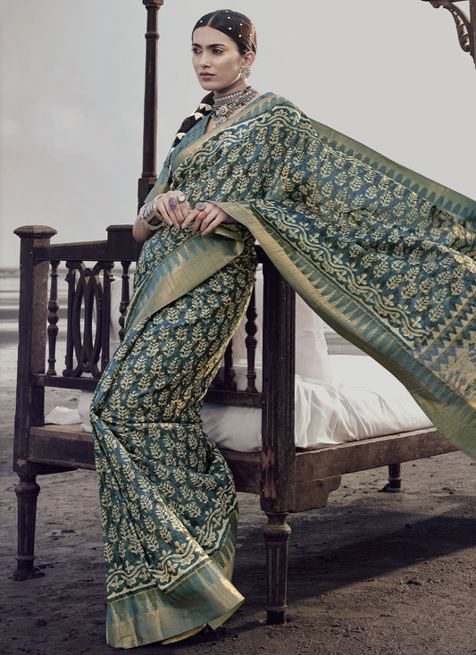 Classic Silk Teal Digital Print Saree