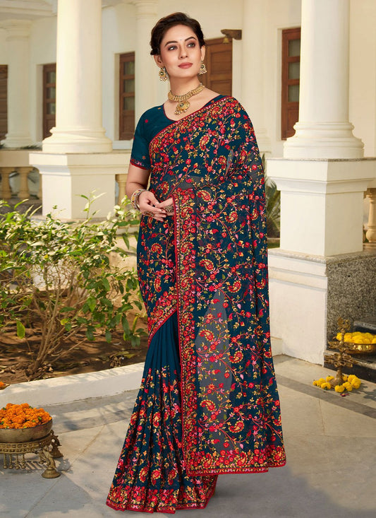 Contemporary Georgette Teal Embroidered Saree