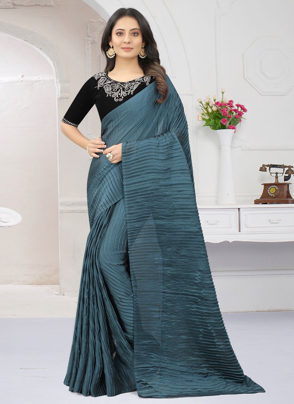 Trendy Saree Silk Teal Fancy Work Saree