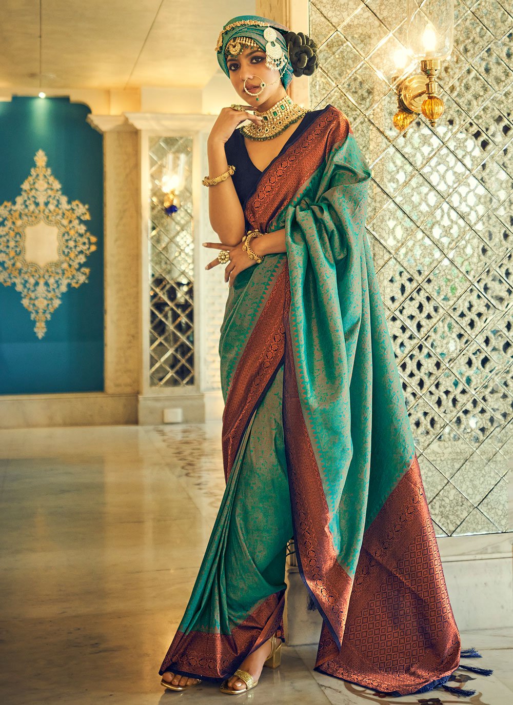 Trendy Saree Silk Teal Weaving Saree