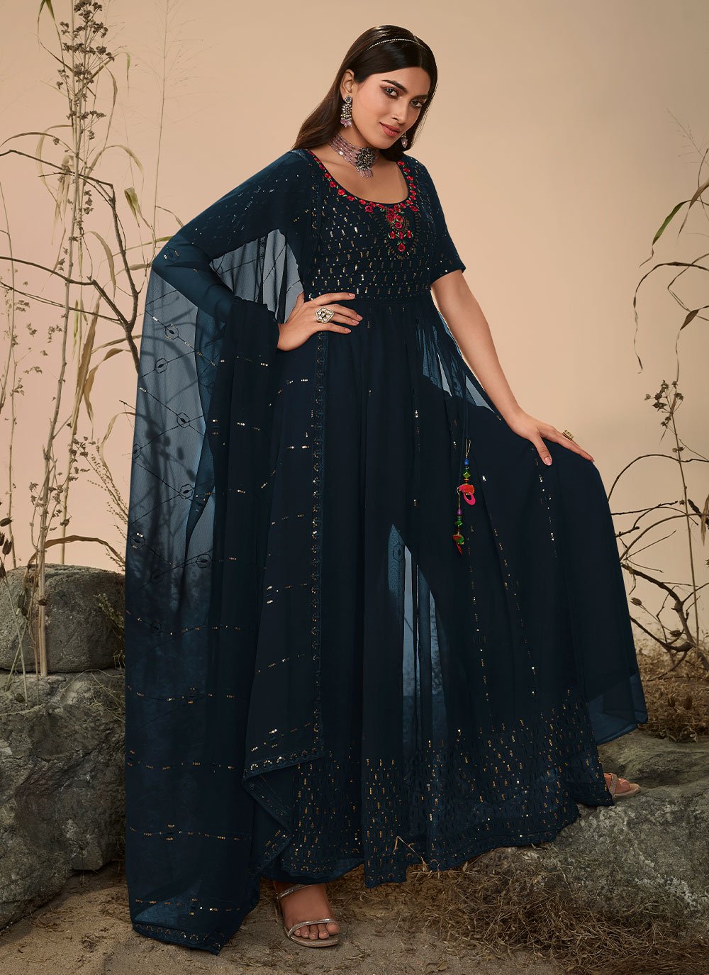 Salwar Suit Georgette Teal Embroidered Salwar Kameez