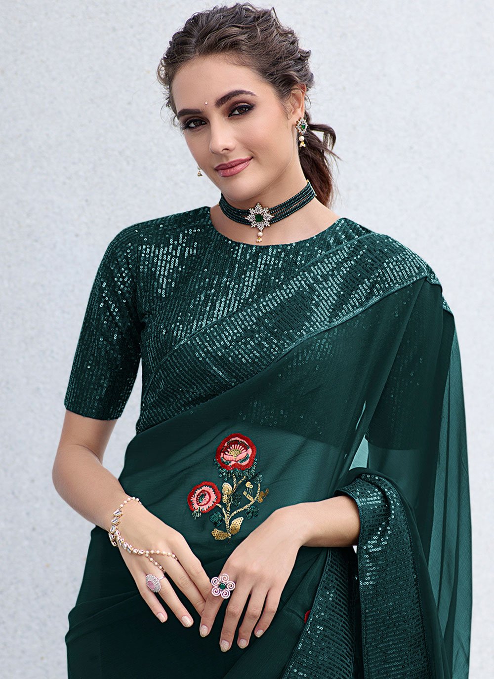 Designer Shimmer Teal Sequins Saree