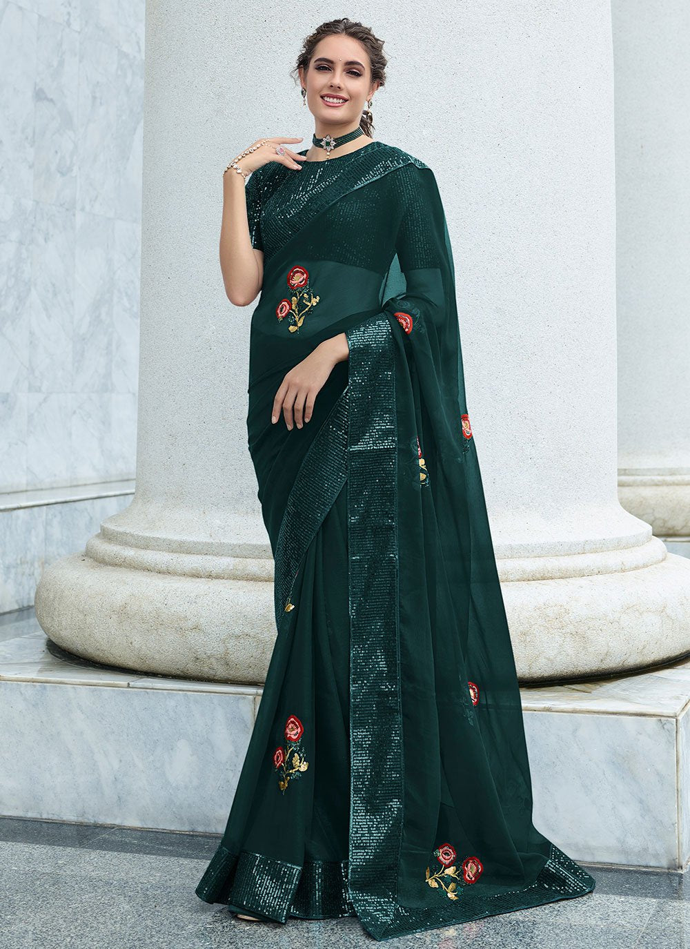 Designer Shimmer Teal Sequins Saree