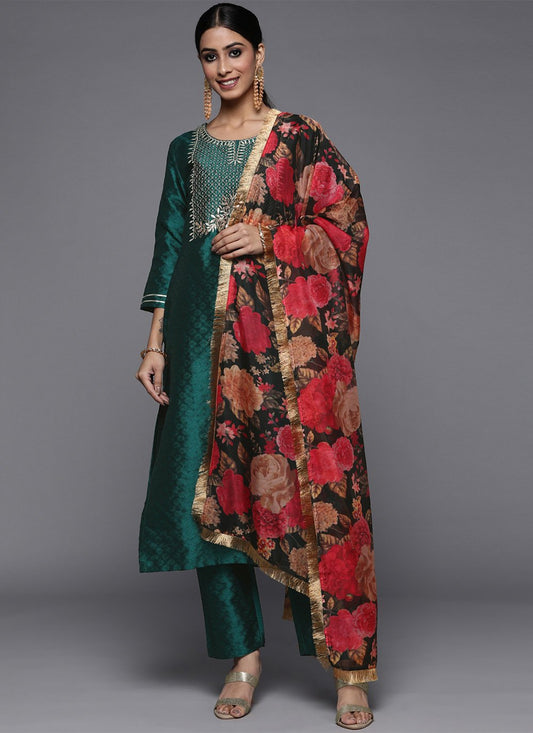 Pant Style Suit Silk Blend Teal Embroidered Salwar Kameez