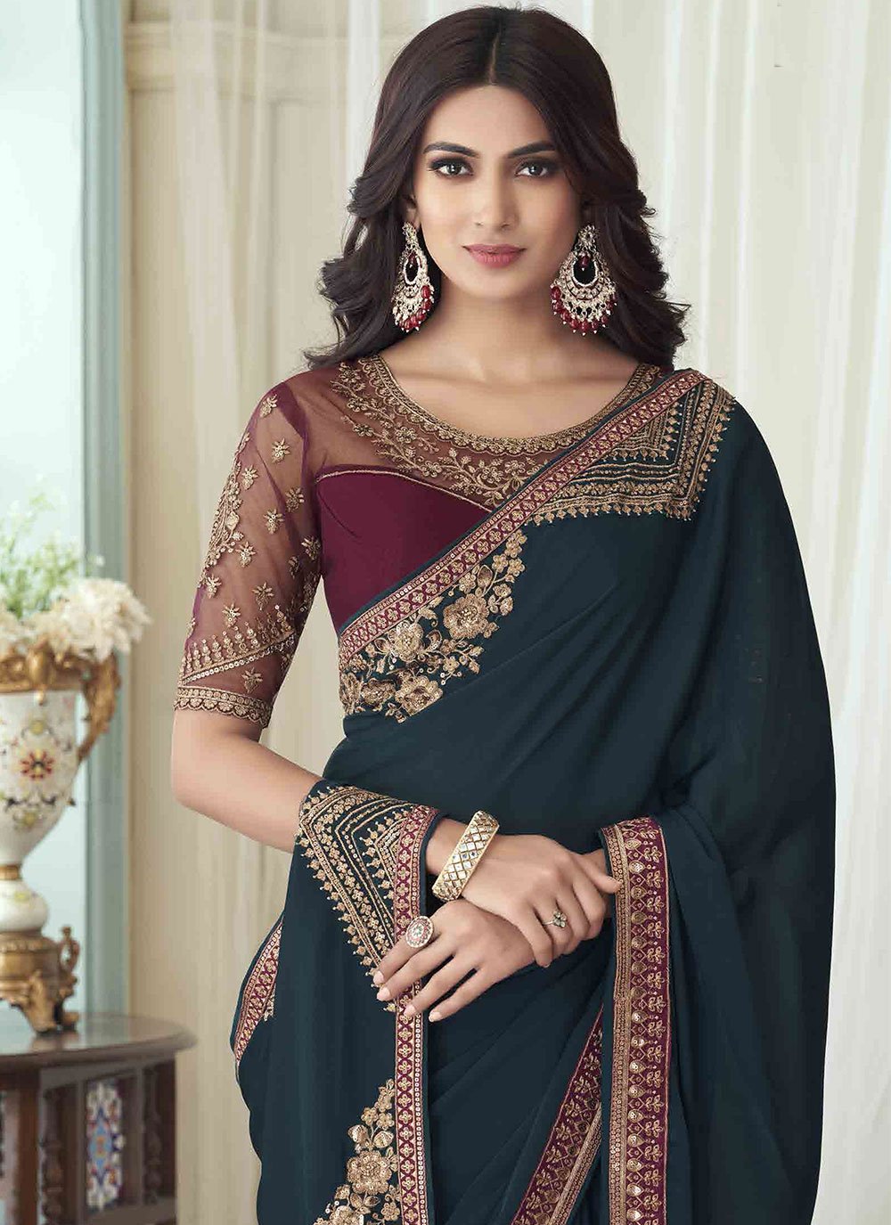 Classic Silk Teal Embroidered Saree