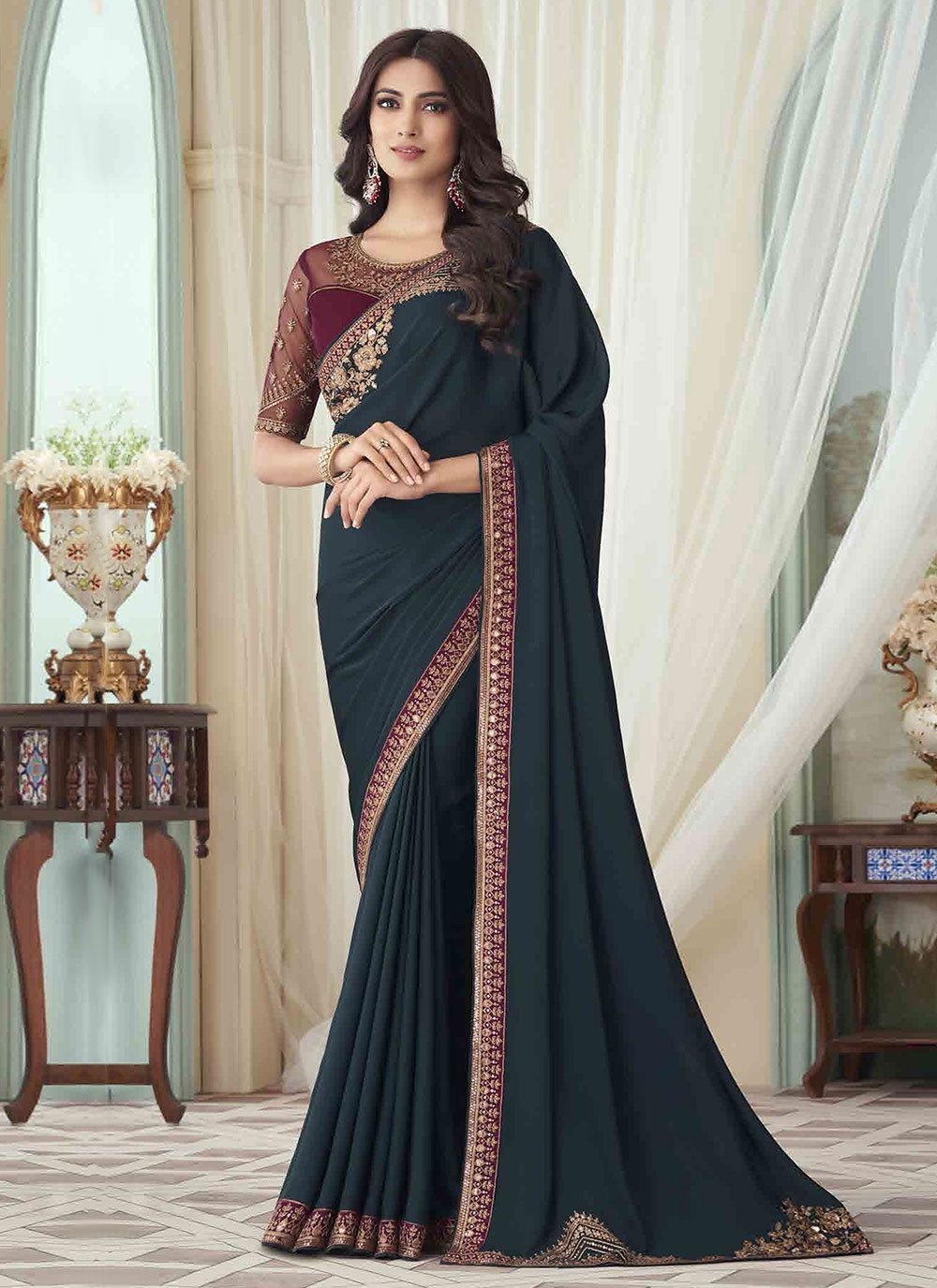 Classic Silk Teal Embroidered Saree