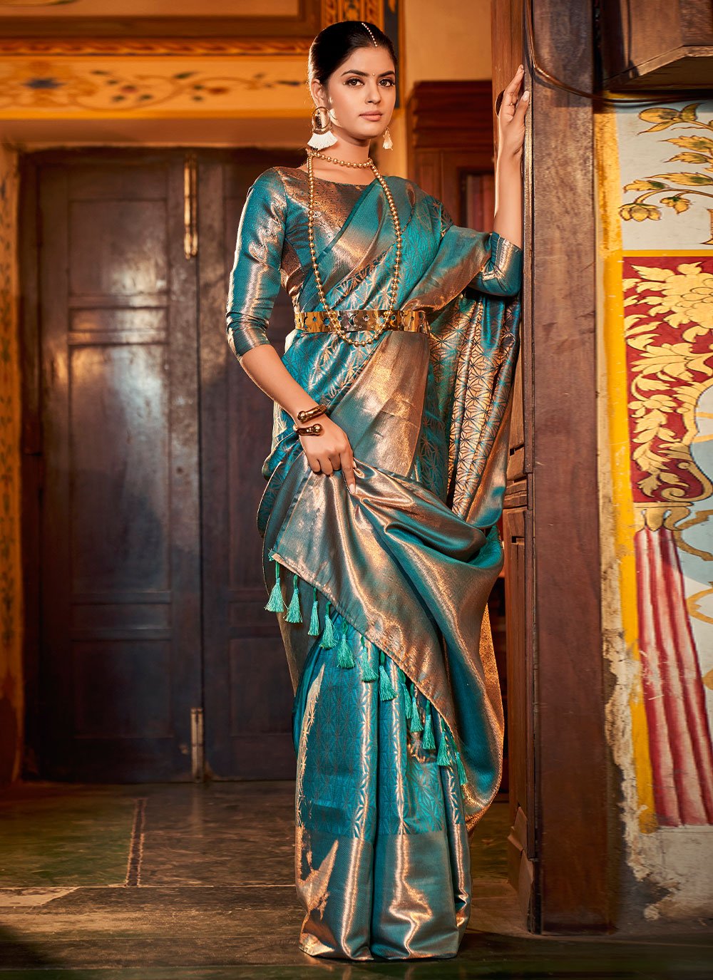 Contemporary Silk Teal Weaving Saree