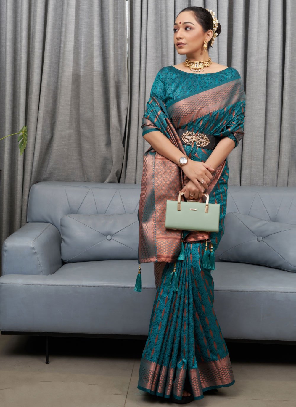 Designer Silk Teal Jacquard Work Saree