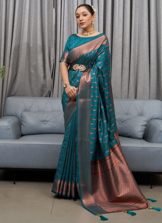 Designer Silk Teal Jacquard Work Saree