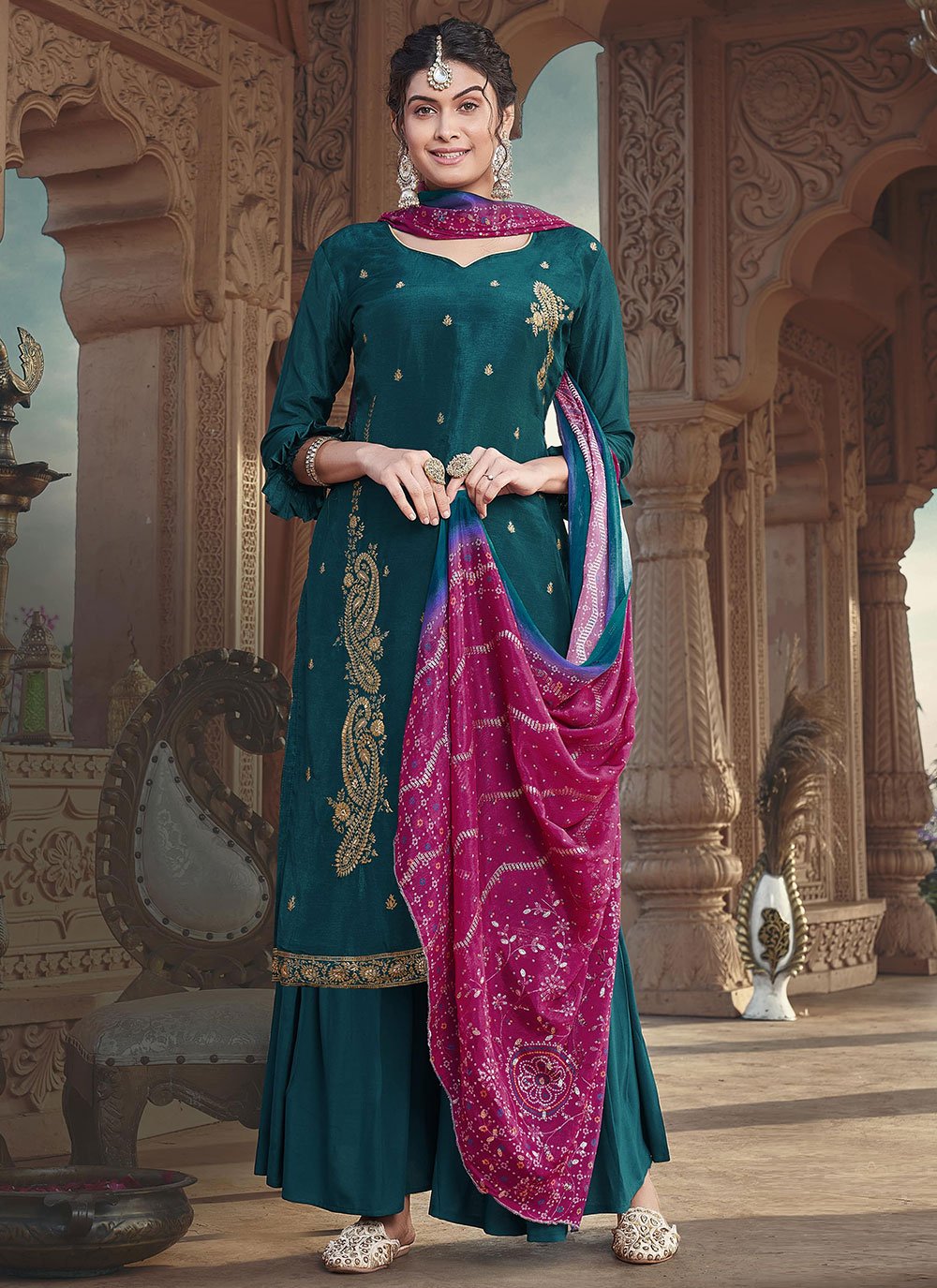 Palazzo Salwar Suit Silk Viscose Teal Digital Print Salwar Kameez