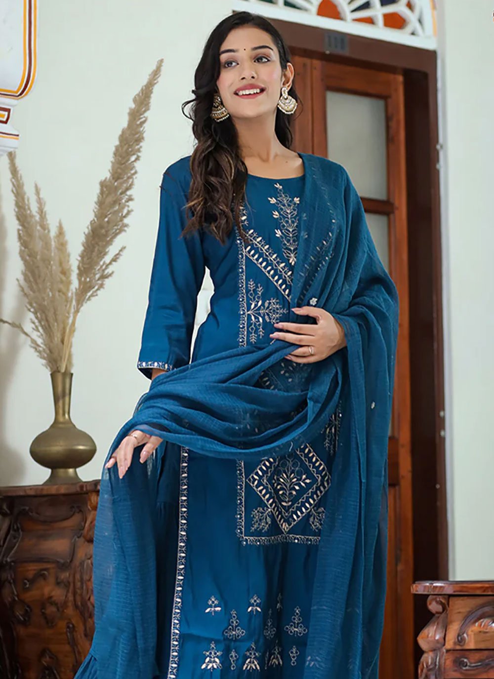 Palazzo Salwar Suit Silk Teal Embroidered Salwar Kameez