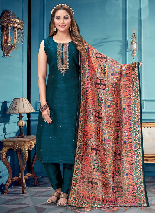 Straight Salwar Suit Silk Teal Embroidered Salwar Kameez