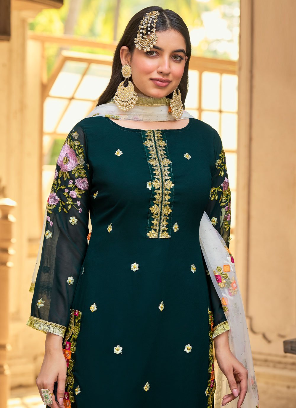 Straight Salwar Suit Faux Georgette Teal Embroidered Salwar Kameez