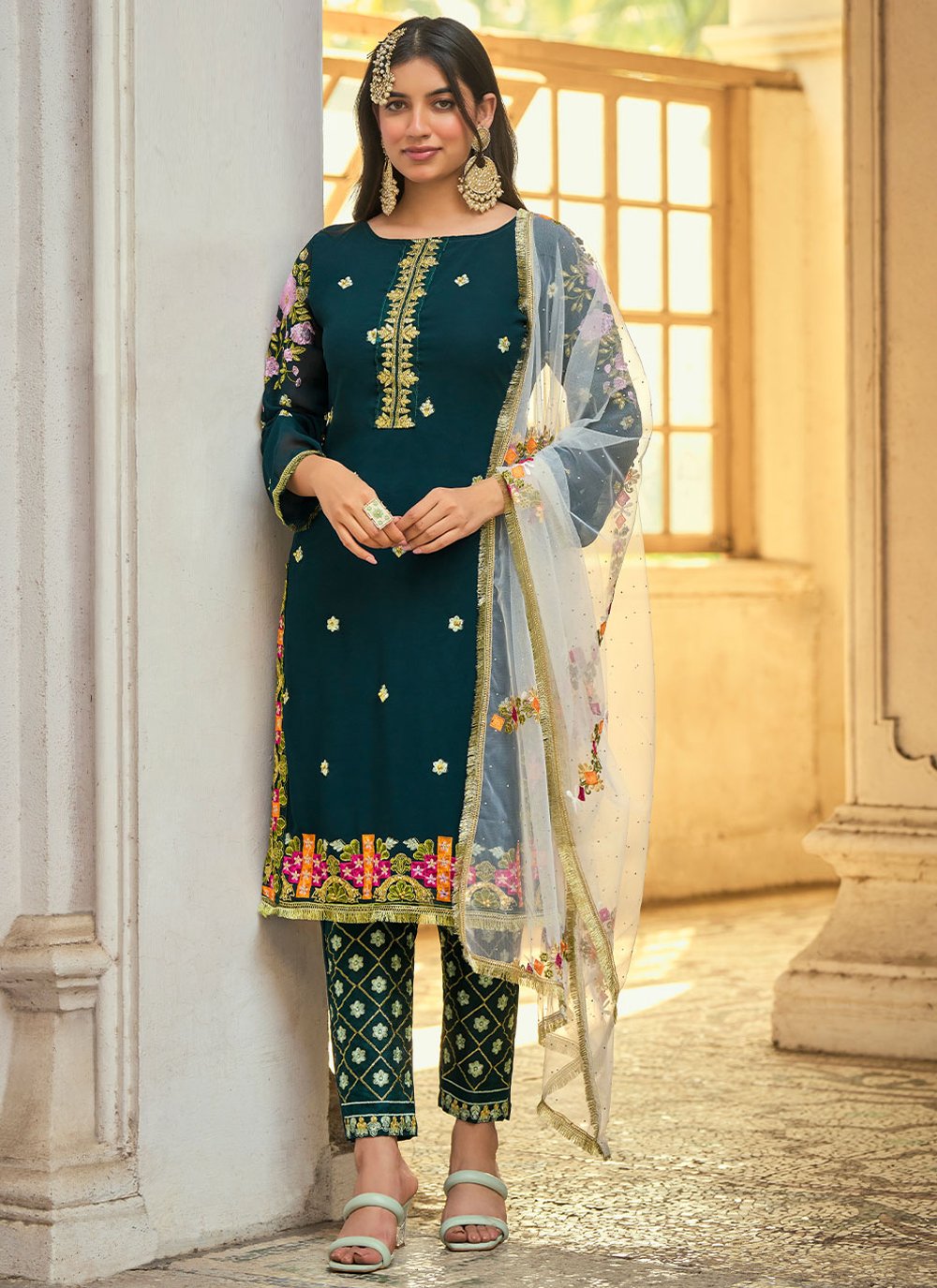 Straight Salwar Suit Faux Georgette Teal Embroidered Salwar Kameez