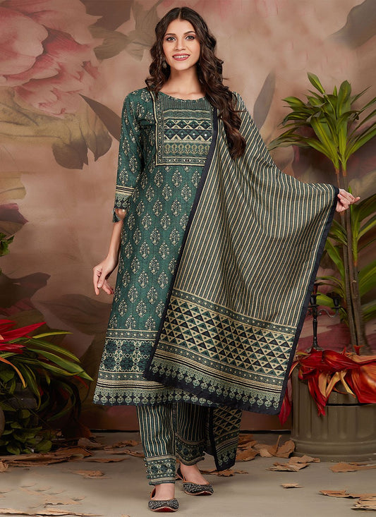 Straight Salwar Suit Silk Teal Digital Print Salwar Kameez