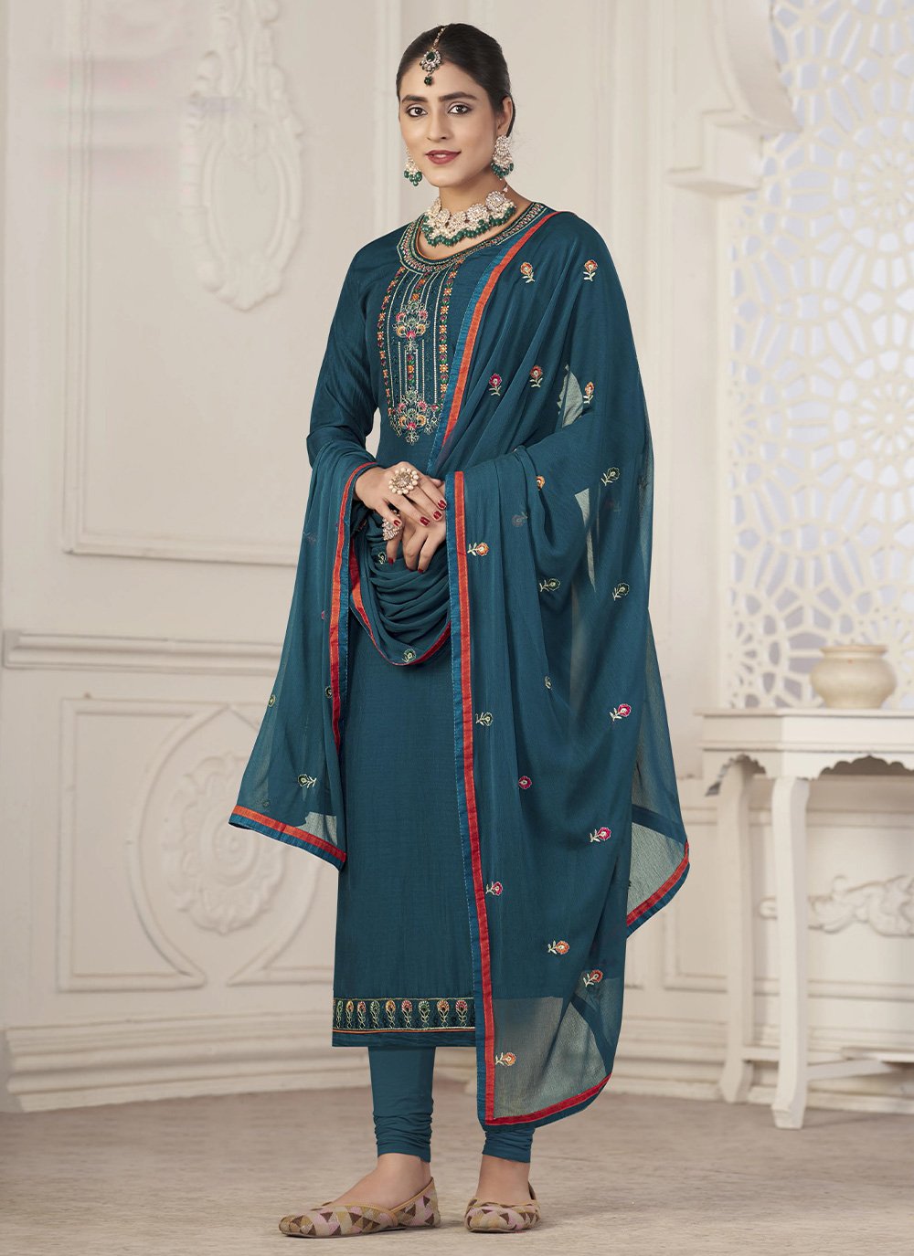 Straight Salwar Suit Jacquard Teal Embroidered Salwar Kameez