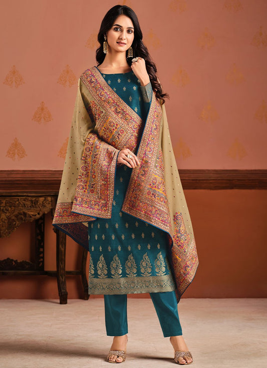 Salwar Suit Jacquard Silk Teal Swarovski Salwar Kameez