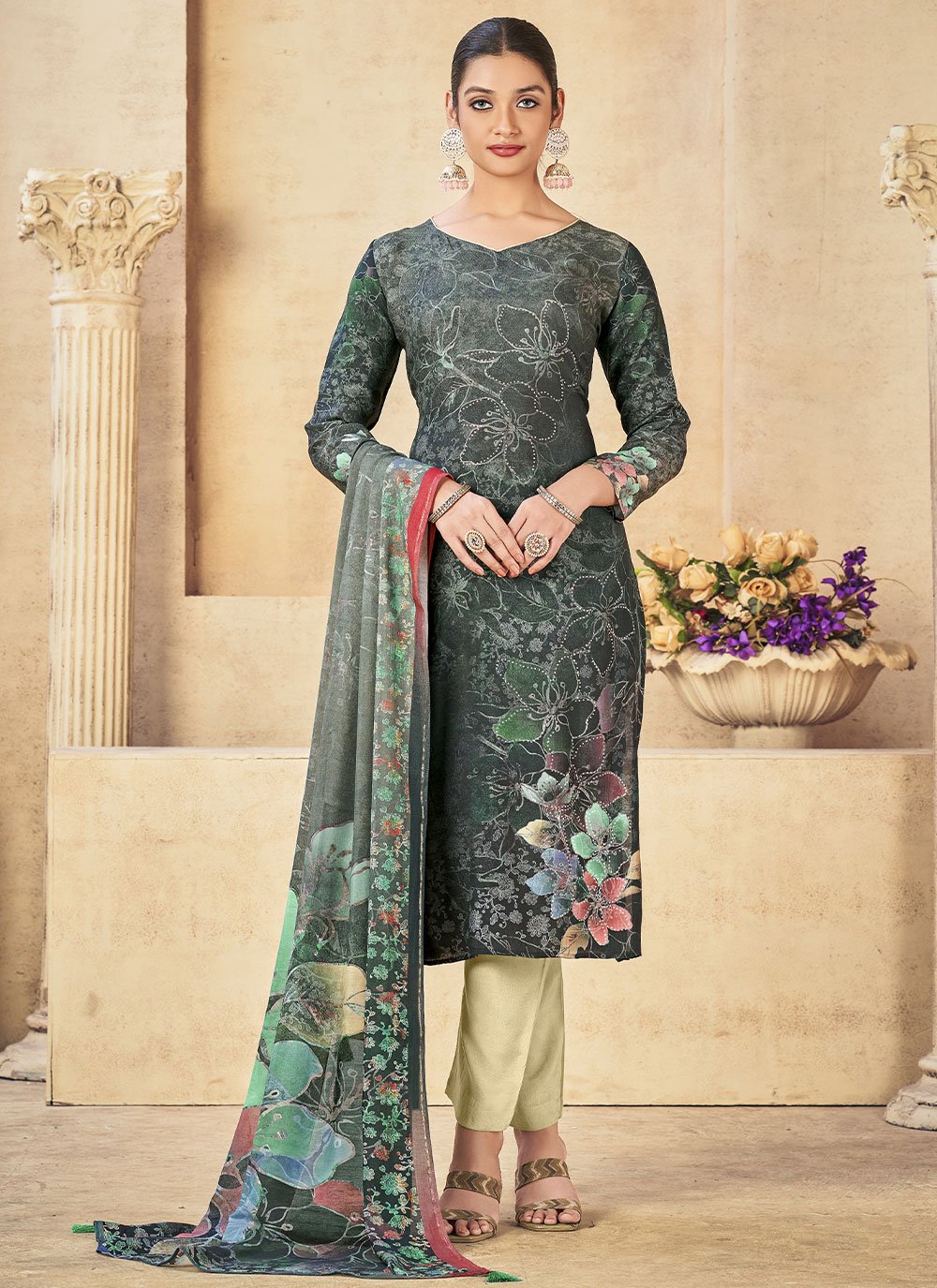 Salwar Suit Muslin Teal Digital Print Salwar Kameez