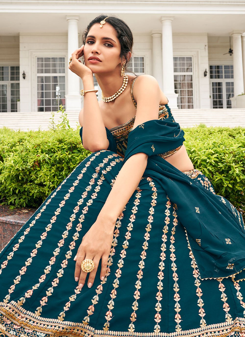 Lehenga Choli Faux Georgette Teal Embroidered Lehenga Choli