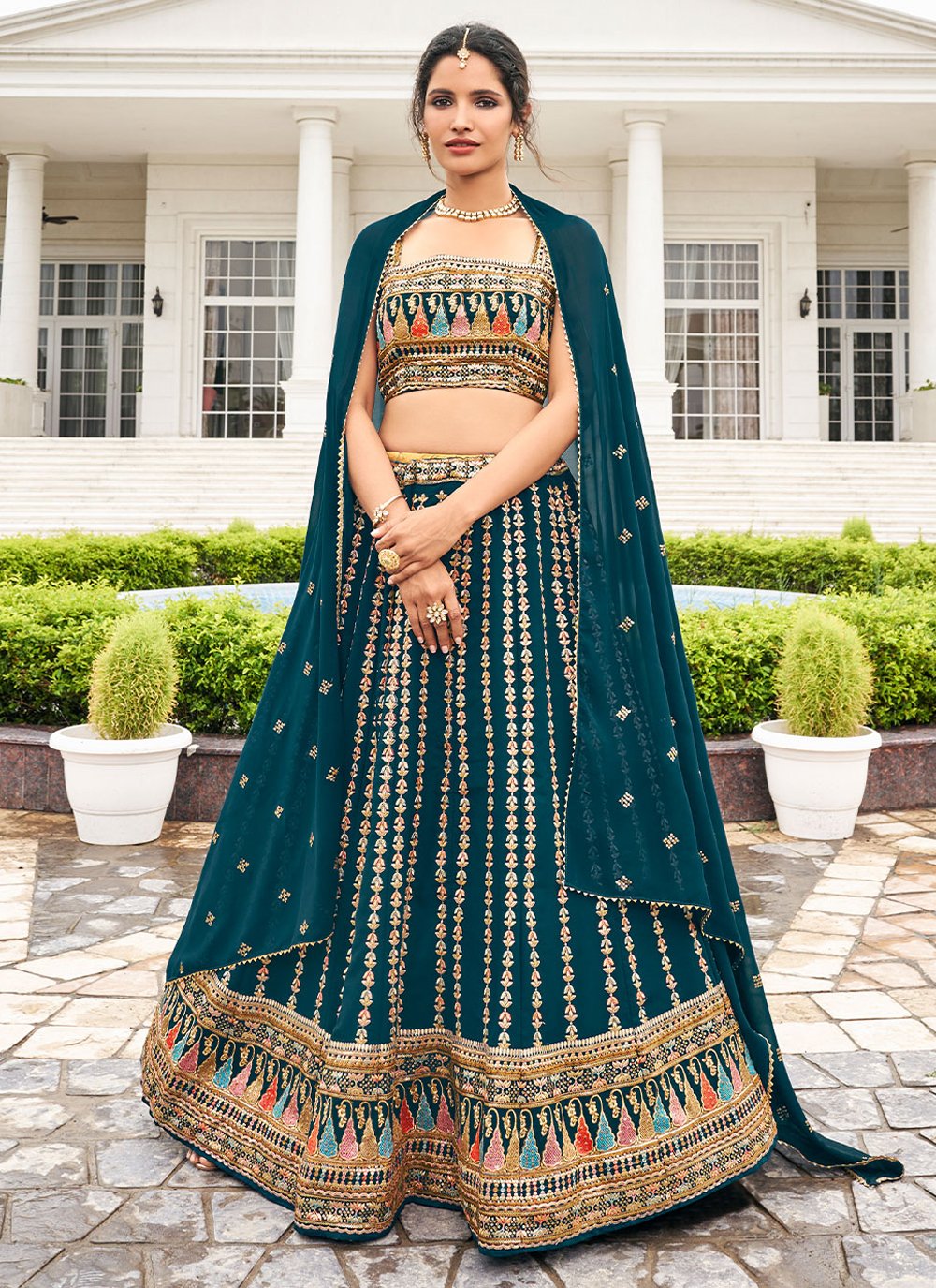 Lehenga Choli Faux Georgette Teal Embroidered Lehenga Choli