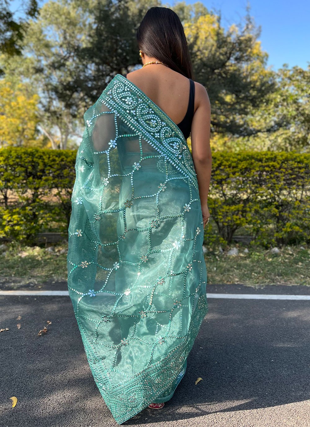 Trendy Saree Organza Teal Embroidered Saree