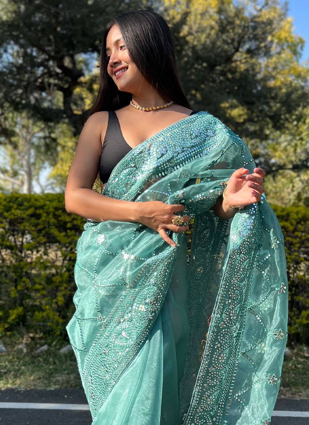 Trendy Saree Organza Teal Embroidered Saree