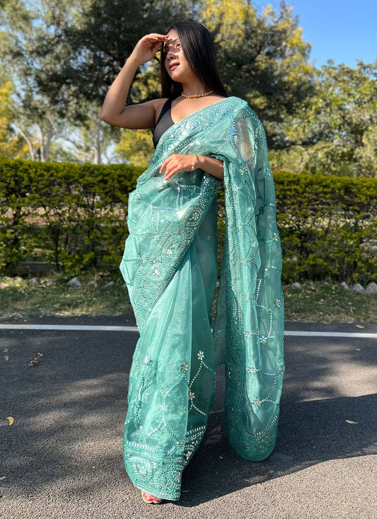 Trendy Saree Organza Teal Embroidered Saree