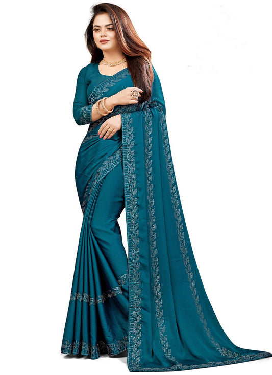 Trendy Saree Chiffon Satin Teal Embroidered Saree