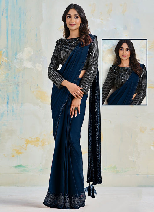 Trendy Saree Faux Crepe Satin Silk Teal Embroidered Saree