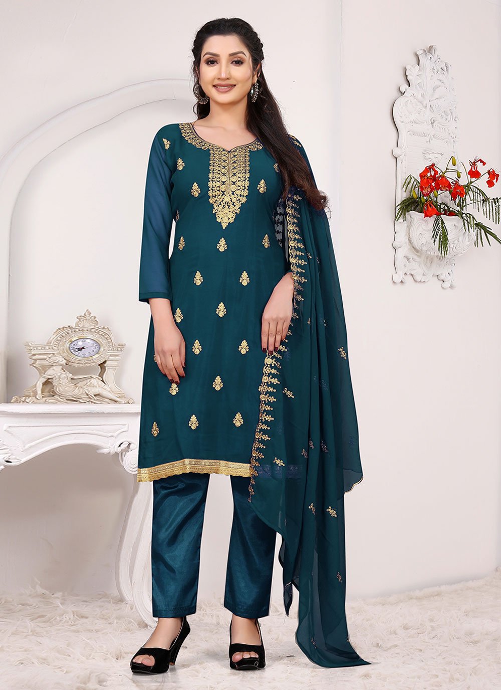 Straight Salwar Suit Faux Georgette Teal Embroidered Salwar Kameez