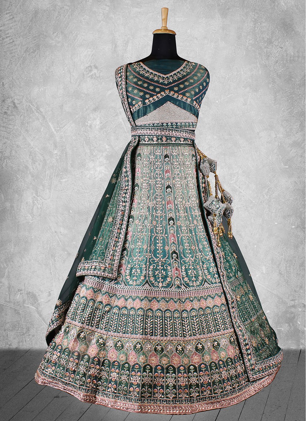 Lehenga Choli Velvet Teal Embroidered Lehenga Choli