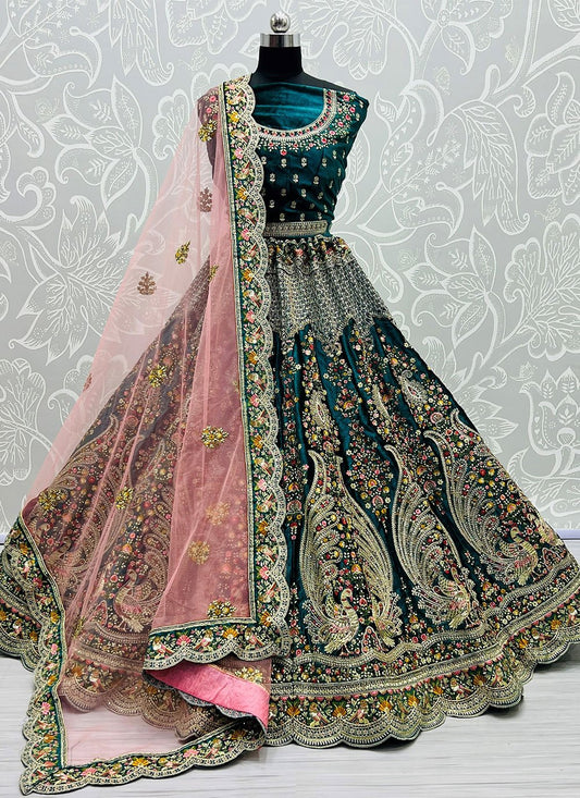 Lehenga Choli Velvet Teal Booti Lehenga Choli