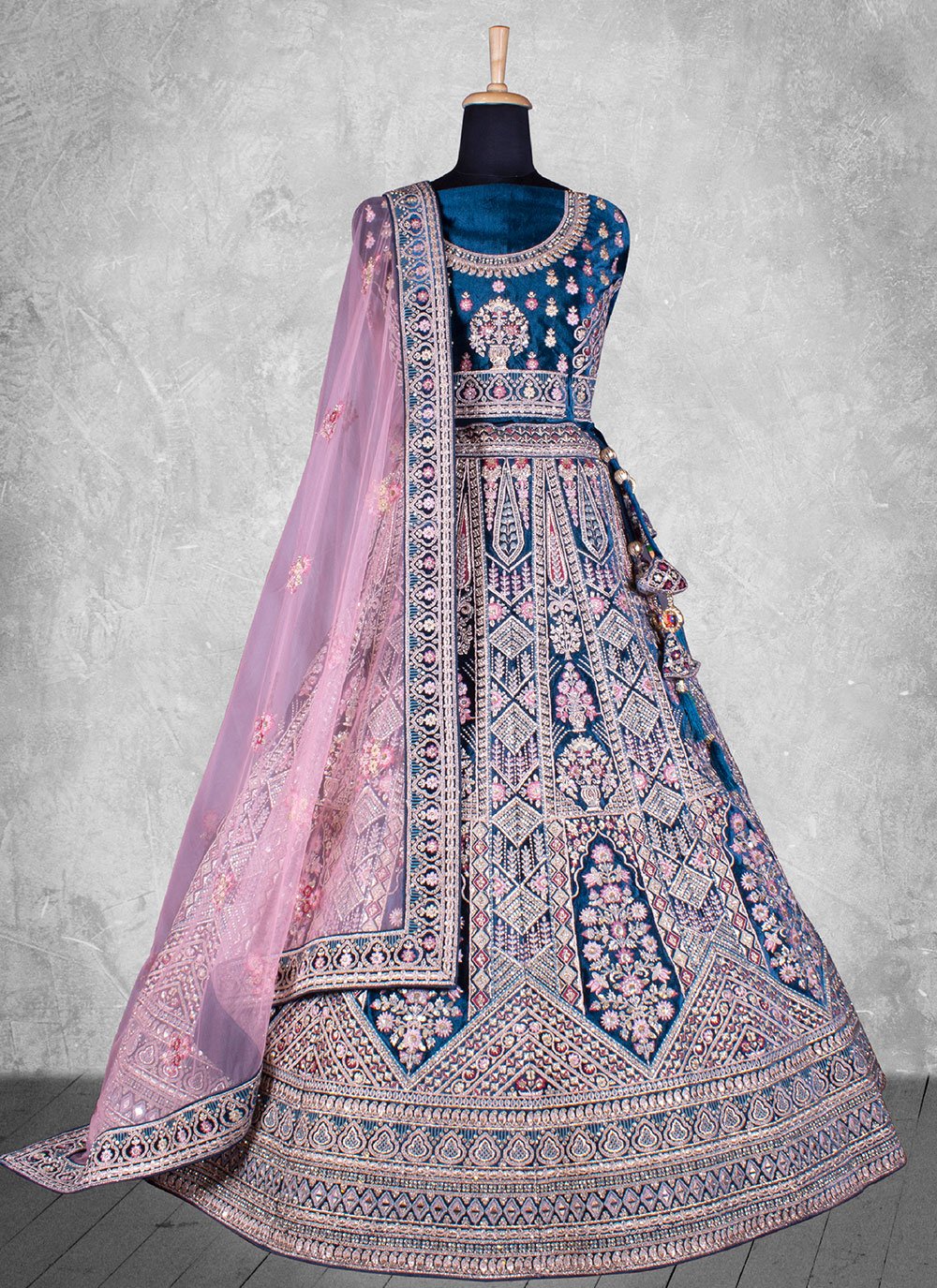 Lehenga Choli Velvet Teal Embroidered Lehenga Choli