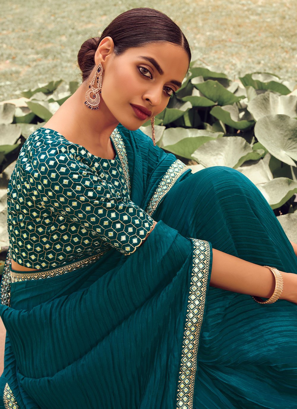 Classic Vichitra Silk Teal Embroidered Saree