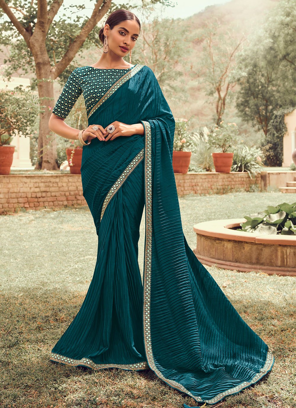 Classic Vichitra Silk Teal Embroidered Saree