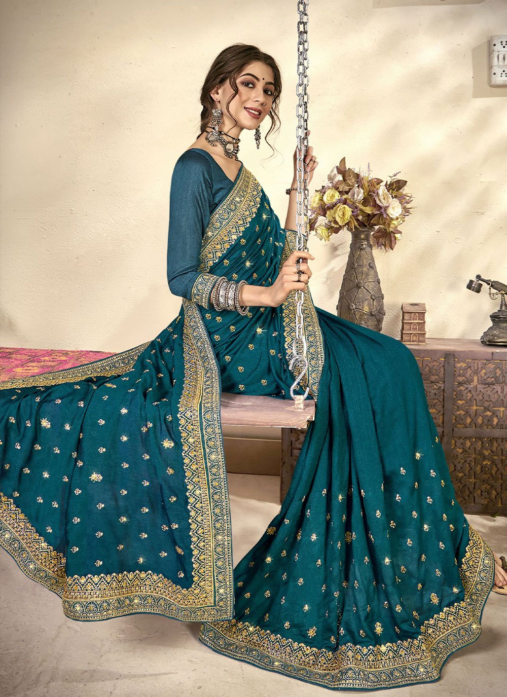 Traditional Saree Vichitra Silk Teal Diamond Saree