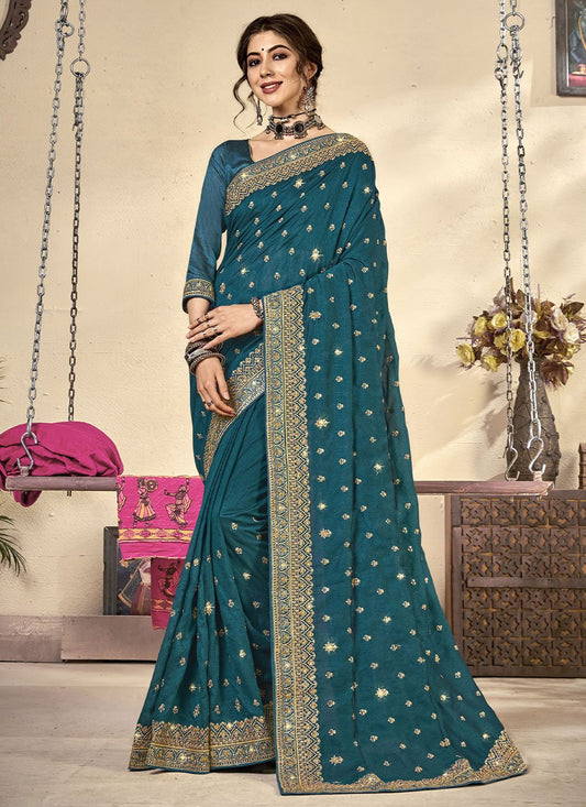 Traditional Saree Vichitra Silk Teal Diamond Saree