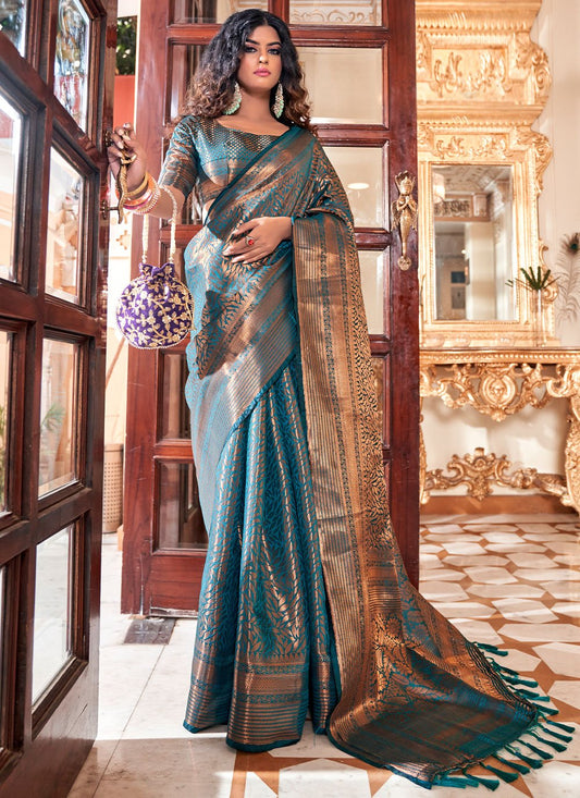 Contemporary Kanjivaram Silk Teal Weaving Saree