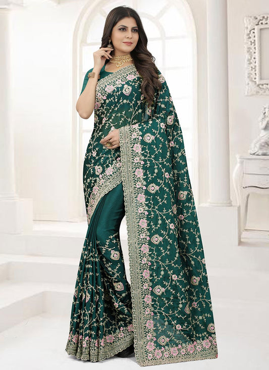 Contemporary Chinon Teal Aari Work Saree