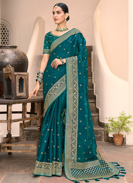 Contemporary Silk Teal Embroidered Saree