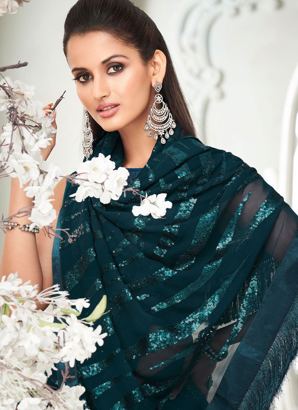 Designer Georgette Teal Fancy Work Saree