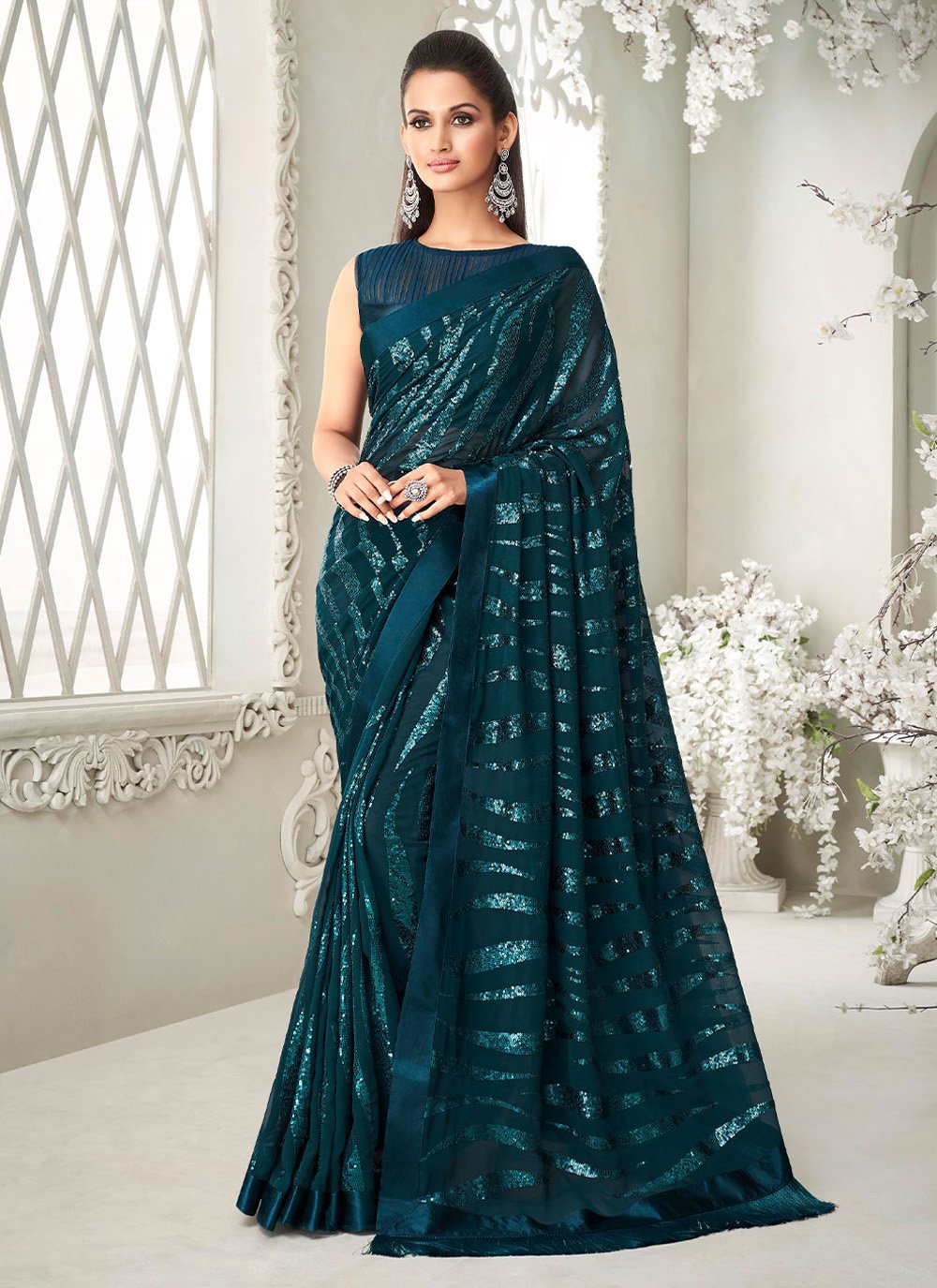 Designer Georgette Teal Fancy Work Saree