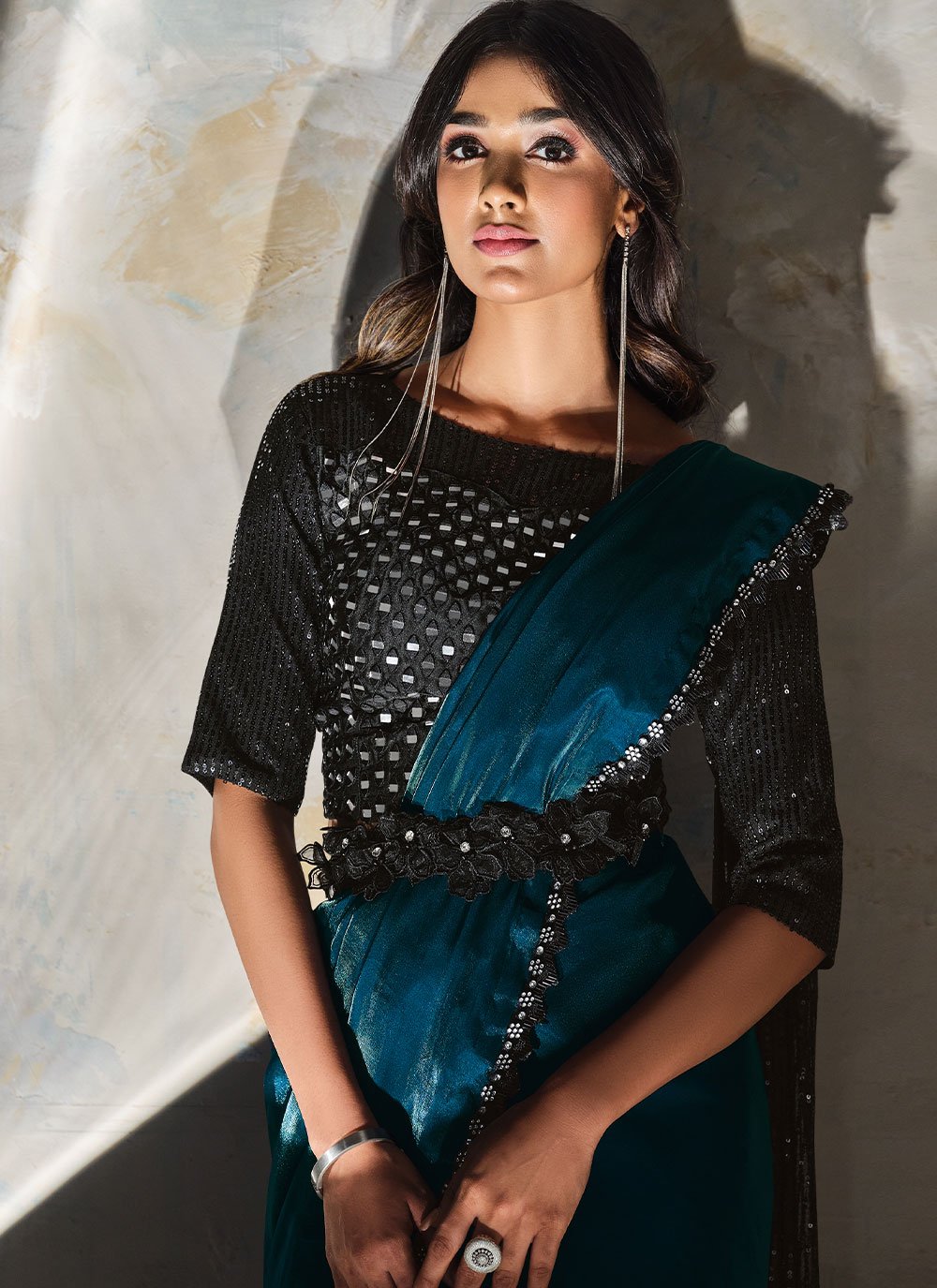 Designer Satin Silk Teal Sequins Saree