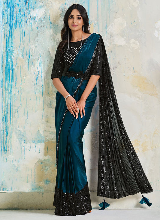 Designer Satin Silk Teal Sequins Saree