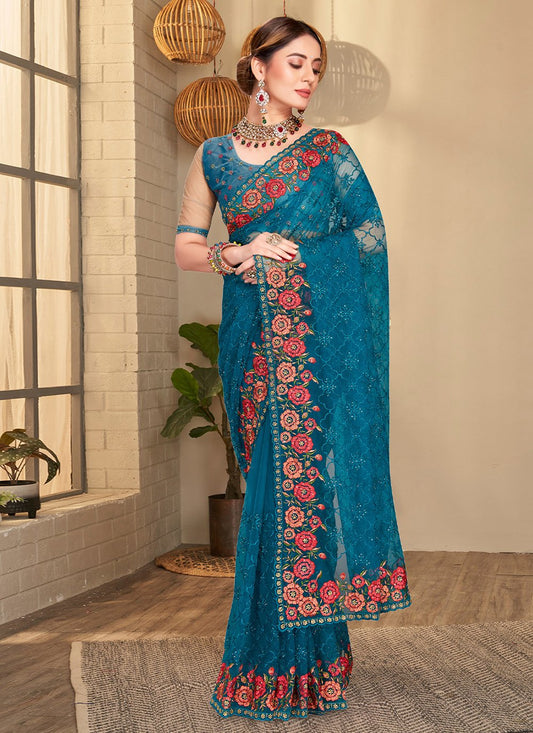 Trendy Saree Net Teal Embroidered Saree