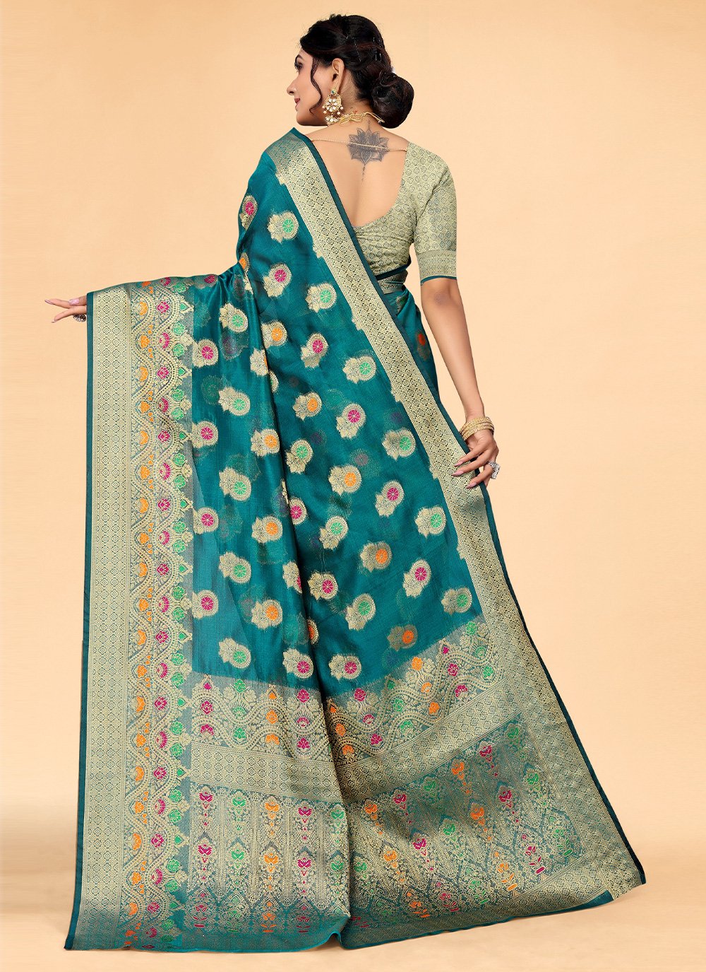 Classic Organza Teal Woven Saree